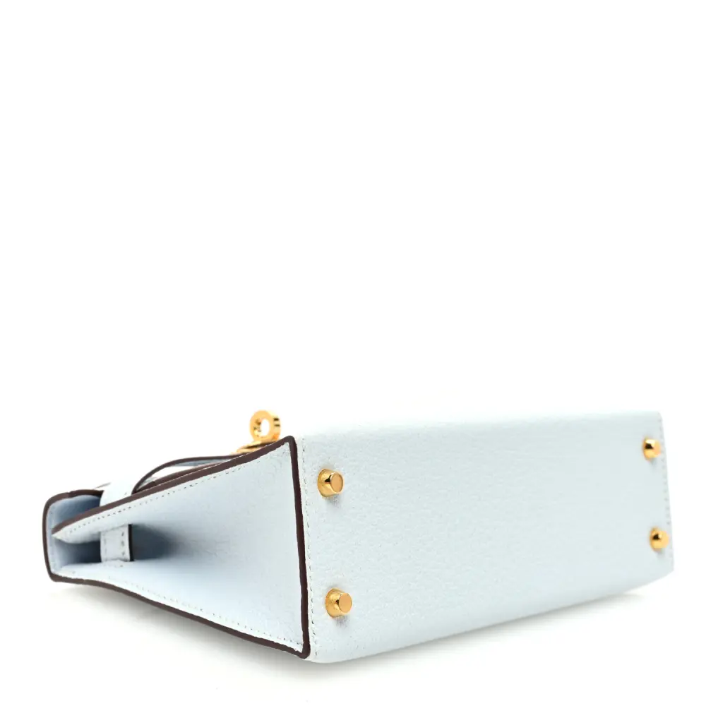 Bottom view of the Herme$ Bleu Brume Chèvre Mysore Leather Mini Kelly Sellier 20