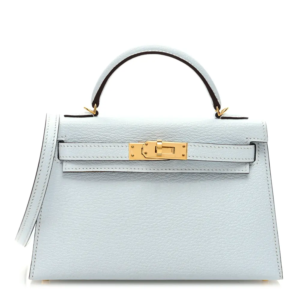 Front view of the Herme$ Bleu Brume Chèvre Mysore Leather Mini Kelly Sellier 20