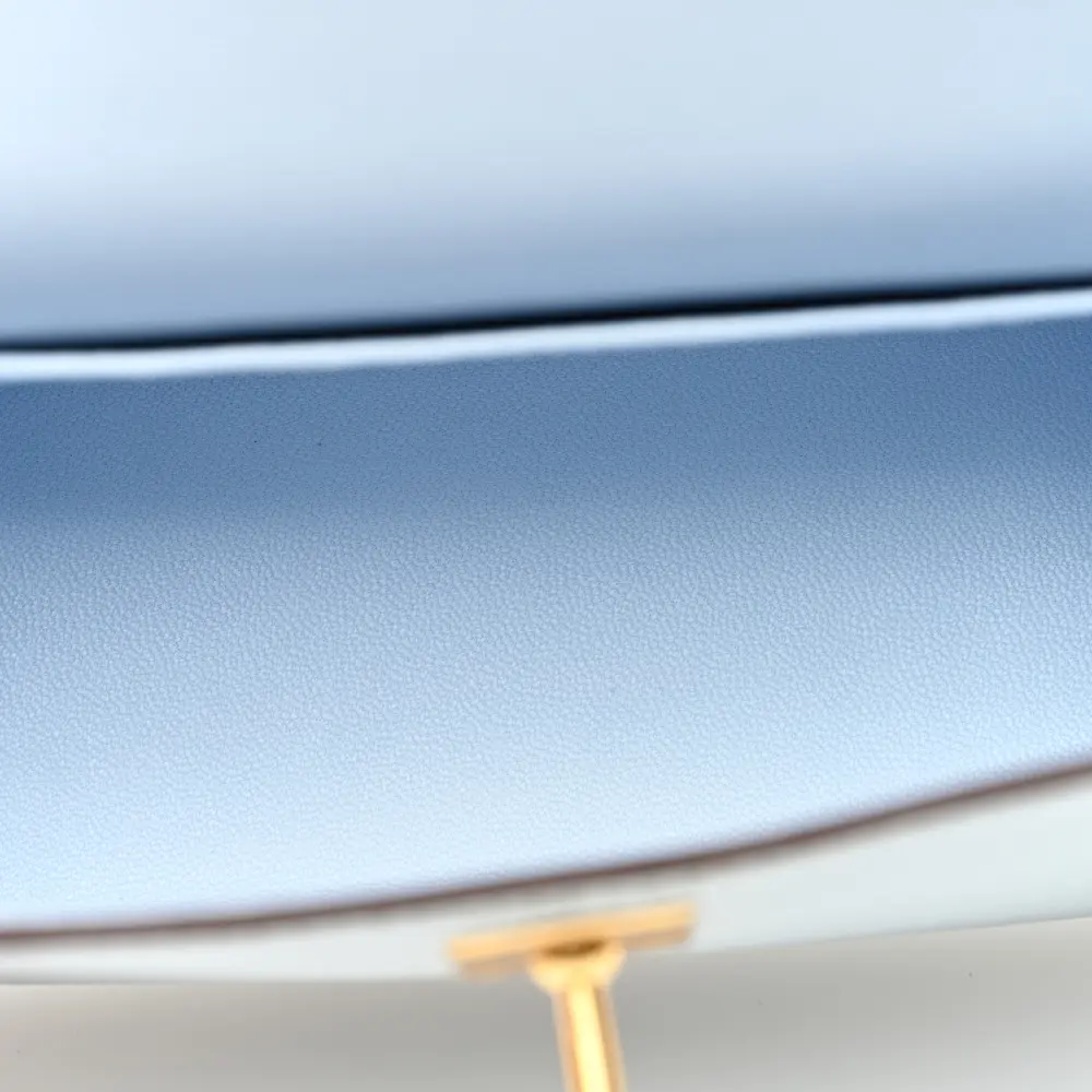 Interior view of the Herme$ Bleu Brume Chèvre Mysore Leather Mini Kelly Sellier 20 with smooth leather lining