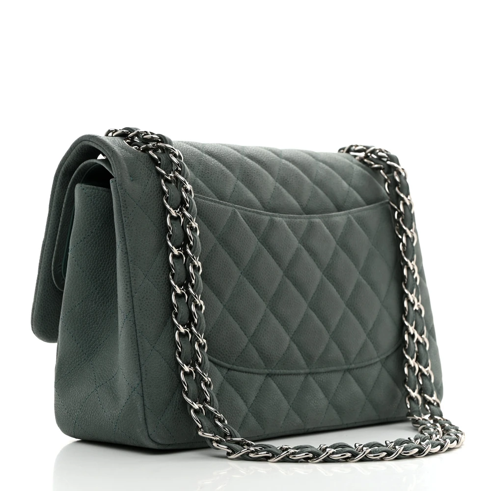 Back view of the green iridescent caviar leather Ch@nel Jumbo Double Flap with light gold chain strap