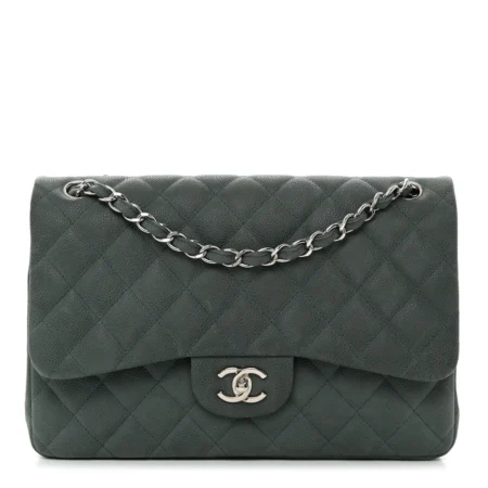 Front view of the green iridescent caviar leather Ch@nel Jumbo Double Flap with light gold chain strap