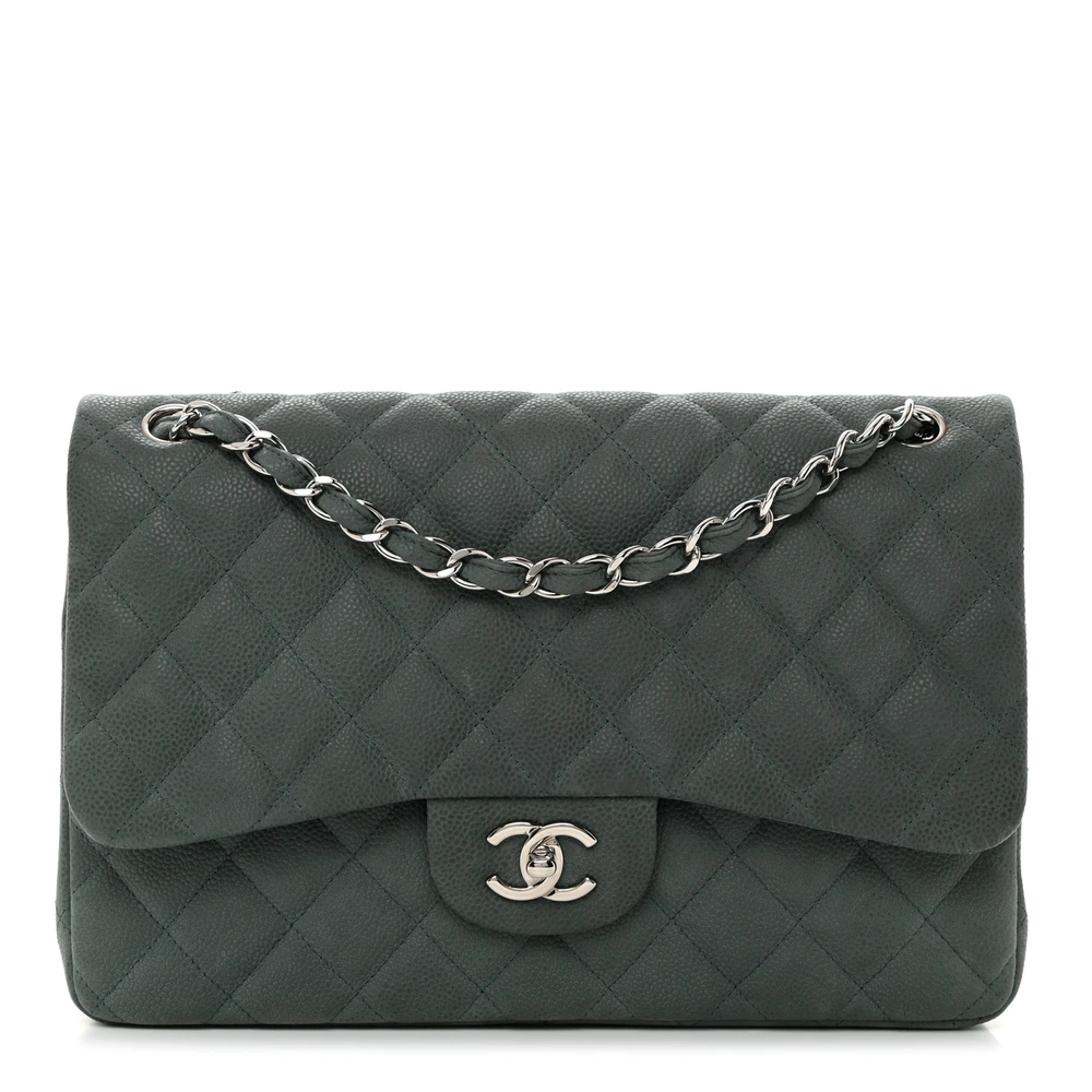 Front view of the green iridescent caviar leather Ch@nel Jumbo Double Flap with light gold chain strap