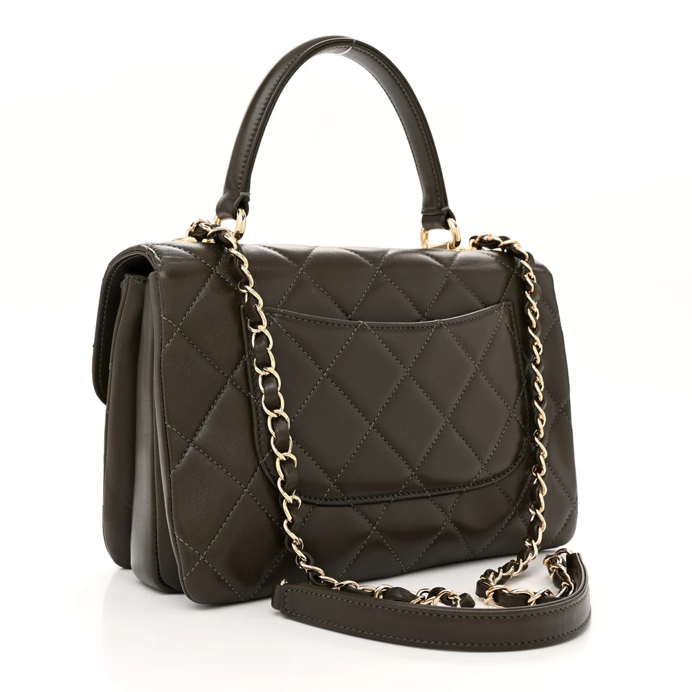 Back view of the dark khaki quilted lambskin leather ch@nel Small Trendy CC Flap Dual Handle with gold hardware