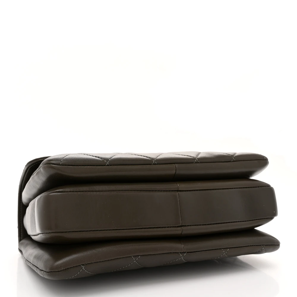 Bottom view of the dark khaki quilted lambskin leather ch@nel Small Trendy CC Flap Dual Handle with gold hardware