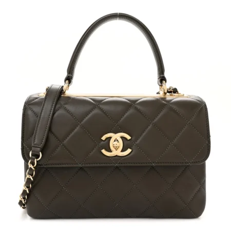 Front view of the dark khaki quilted lambskin leather ch@nel Small Trendy CC Flap Dual Handle with gold hardware