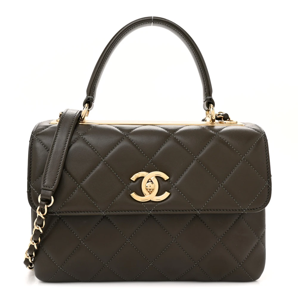 Front view of the dark khaki quilted lambskin leather ch@nel Small Trendy CC Flap Dual Handle with gold hardware