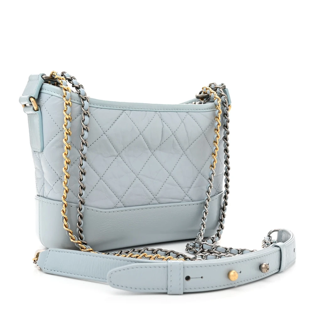 Back view of the light blue aged calfskin Gabrielle Hobo with mixed-metal chain strap