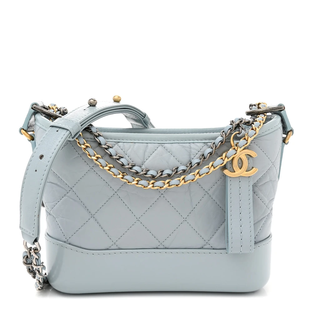 Front view of the light blue aged calfskin Gabrielle Hobo with mixed-metal chain strap