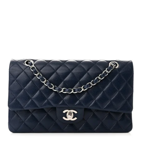 Front view of the blue caviar leather Medium Double Flap with silver chain straps