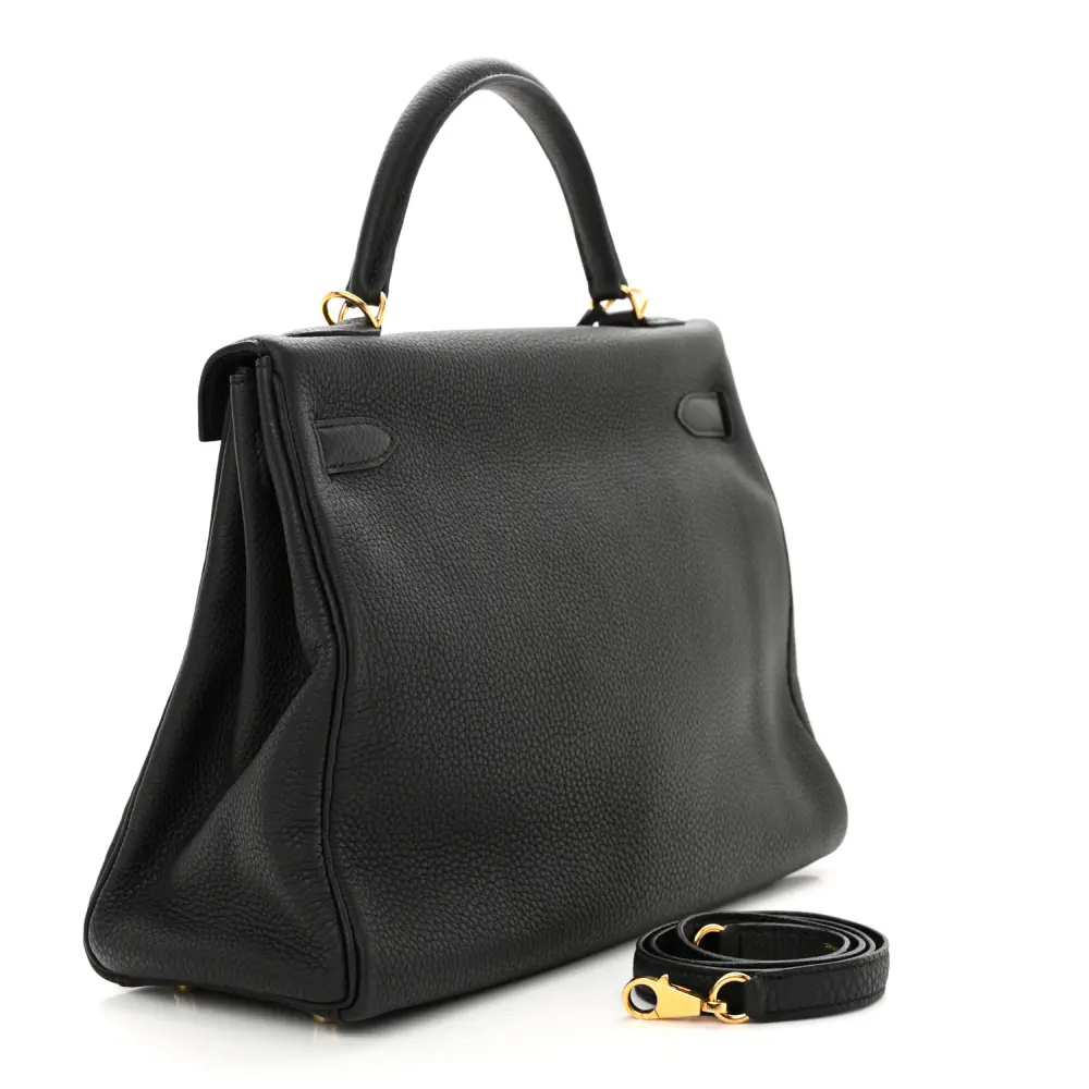 Front view of the Herme$ Kelly Retourne 32 Black Togo Leather