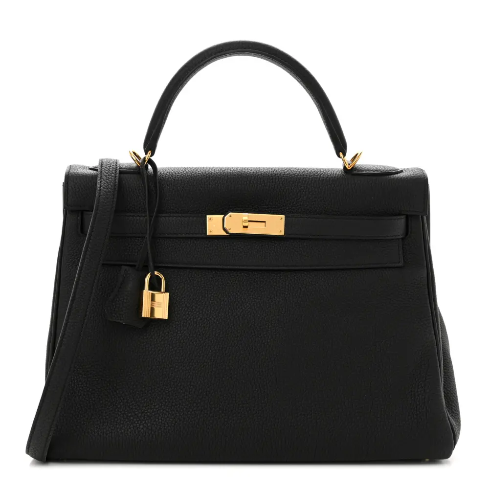 Front view of the Herme$ Kelly Retourne 32 Black Togo Leather with gold hardware