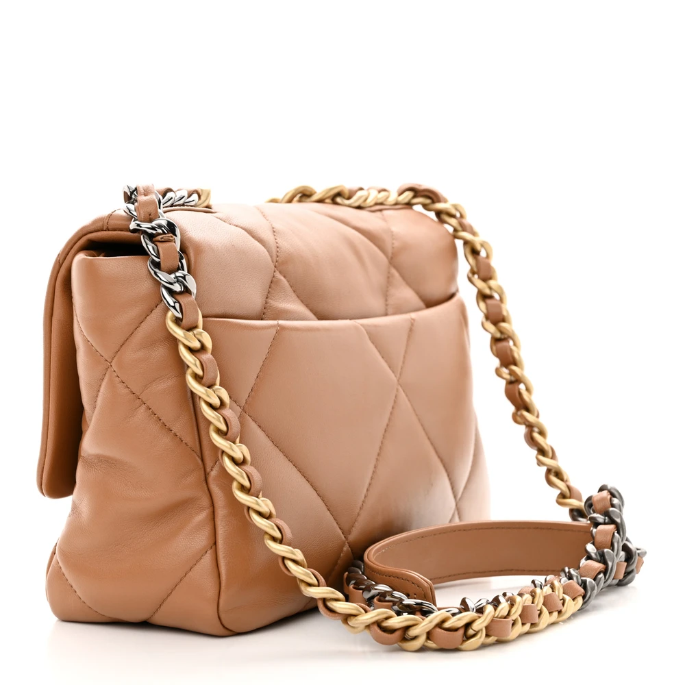 Back view of the brown lambskin Ch@nel Medium 19 Flap with mixed aged gold chain strap