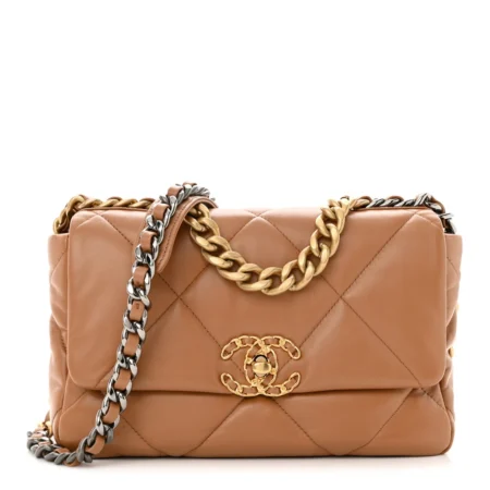 Front view of the brown lambskin Ch@nel Medium 19 Flap with mixed aged gold chain strap