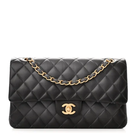 Front view of the grey gradient lambskin Medium Double Flap with light gold chain shoulder strap