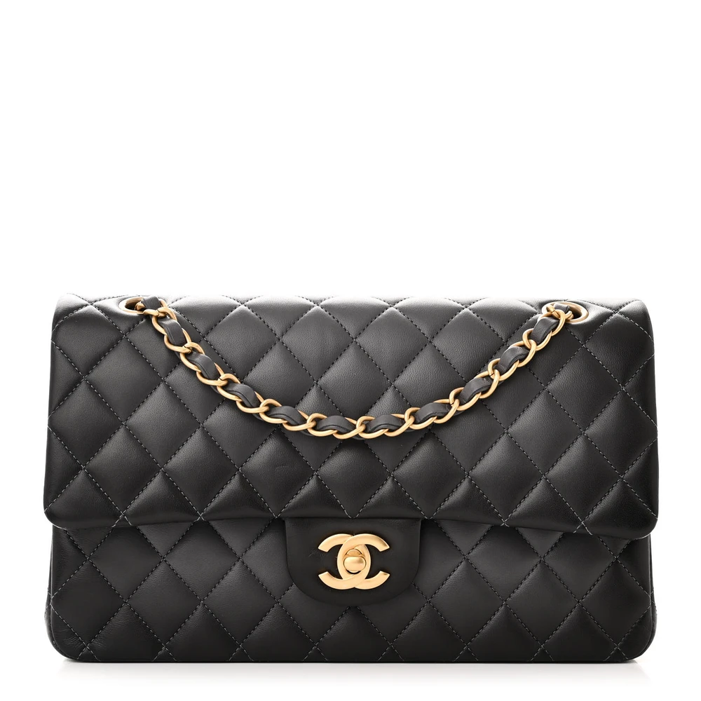 Front view of the grey gradient lambskin Medium Double Flap with light gold chain shoulder strap