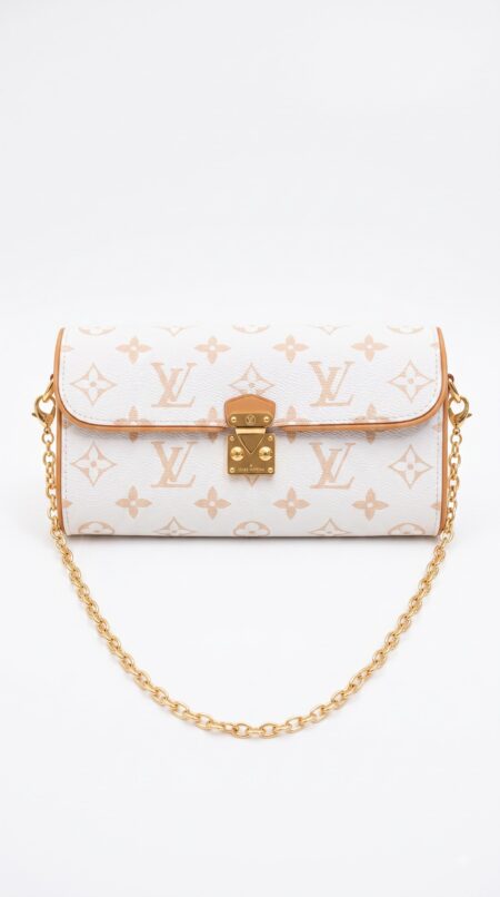 Front view of the cream and beige Lou!S Vuiton Pochette Camille with gold-tone S-lock clasp