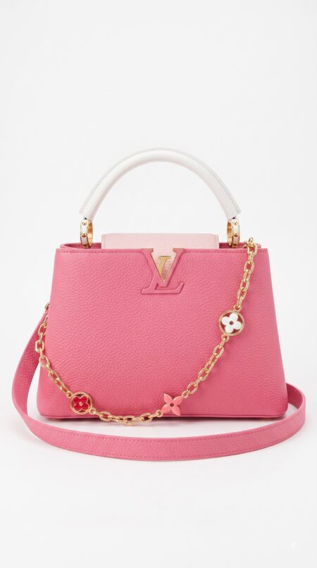 Front view of the vibrant pink Lou!S Vuiton Capucines Mini with gold-tone chain and floral charms