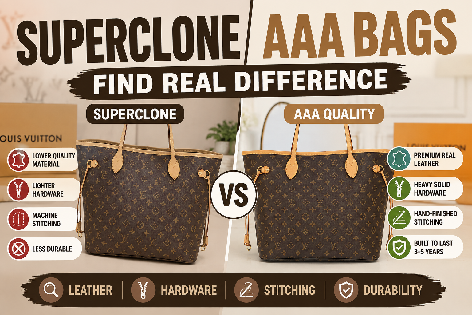 Super Clone vs AAA bags comparison showing differences in leather, hardware, stitching and durability