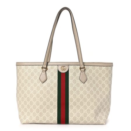 Front view of the Gucc! GG Supreme Ophidia Shopping Tote with green and red web stripe detail