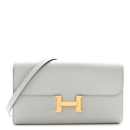 Front view of the Bleu Glacier Herme$ Constance Wallet To Go in Evercolor calf leather