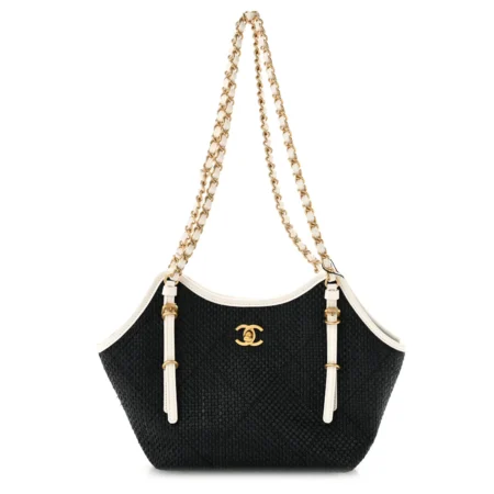 Front view of the black and white Ch@nel Small Tote Shopping Tote with braided raffia and stitched detailing
