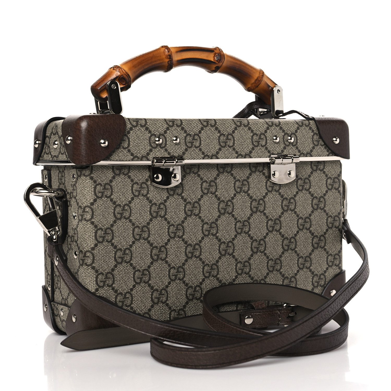 Back view of the brown GG Supreme Globe-Trotter Beauty Case with bamboo top handle