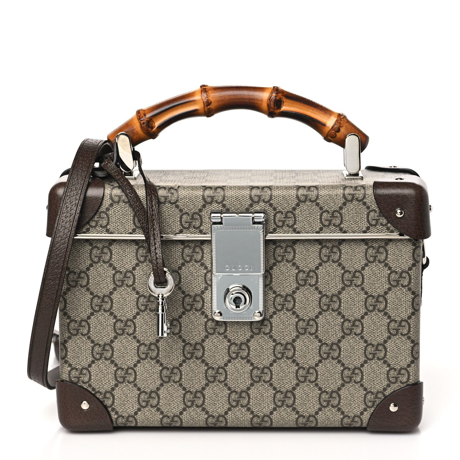 Front view of the brown GG Supreme Globe-Trotter Beauty Case with bamboo top handle