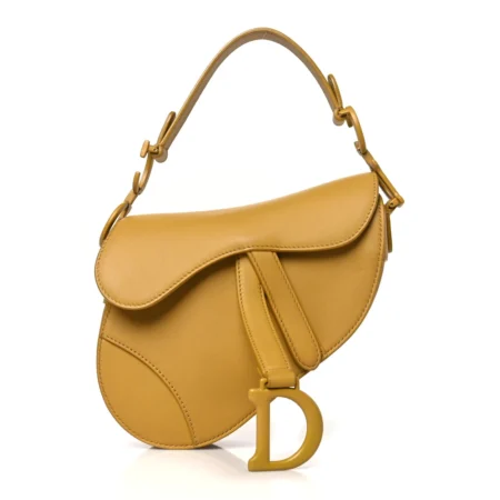 Front view of the ultra matte yellow calfskin D!0r Mini Saddle Bag