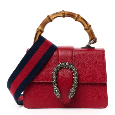 Front view of the hibiscus red grained calfskin Mini Dionysus top handle bag