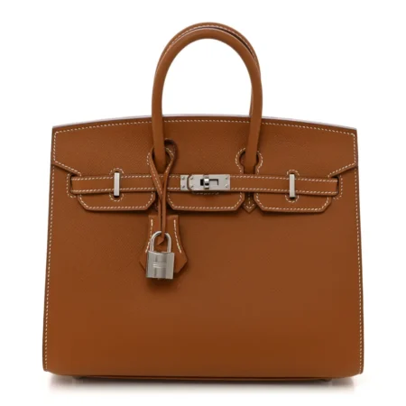 Front view of the brown Epsom leather Herme$ Birkin Sellier 25