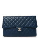 Front view of the navy Ch@nel Flap Clutch with Silver-tone CC turn-lock