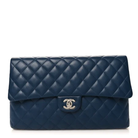 Front view of the navy Ch@nel Flap Clutch with Silver-tone CC turn-lock