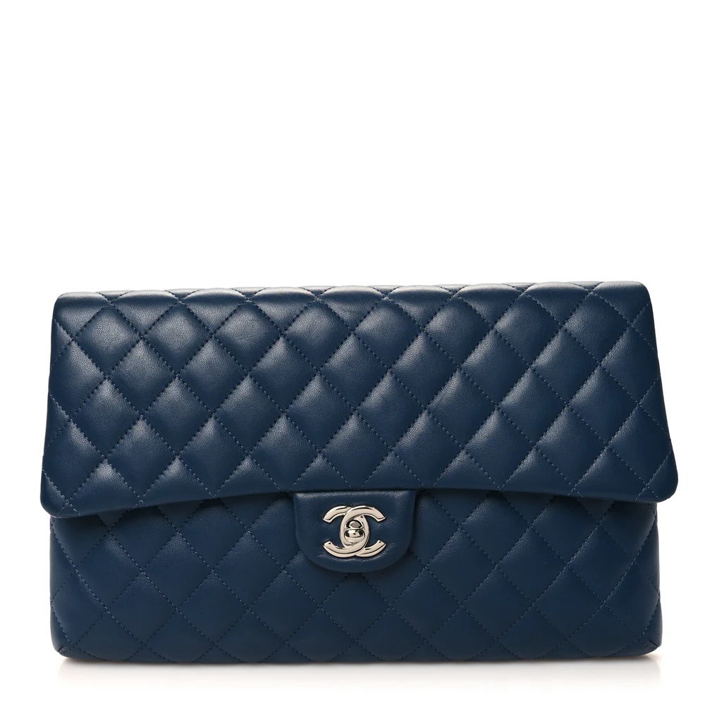 Front view of the navy Ch@nel Flap Clutch with Silver-tone CC turn-lock