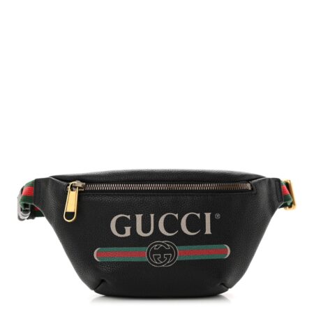 Front view of the black Gucc! Small Logo Belt Bag with vintage logo detail