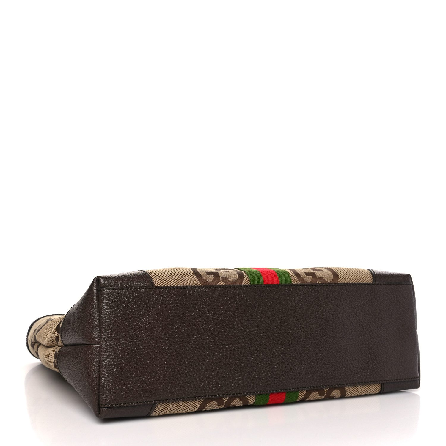 Bottom view of the camel and ebony Gucc! Ophidia Shopping Tote