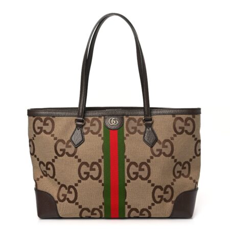 Front view of the camel and ebony Gucc! Jumbo GG Ophidia Shopping Tote with green and red web stripe