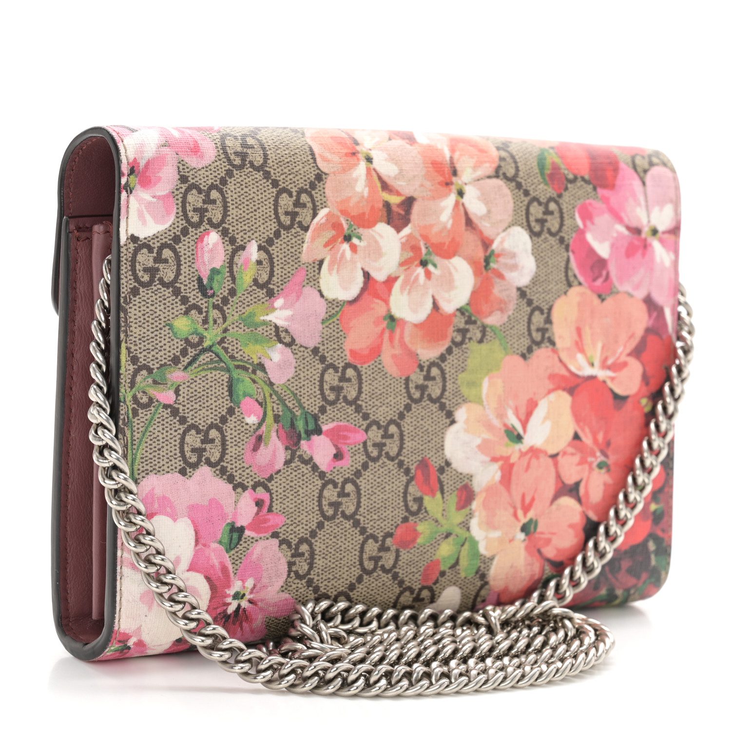 Back view of the beige GG Supreme Blooms Mini Dionysus Chain Wallet with multicolor floral overlay