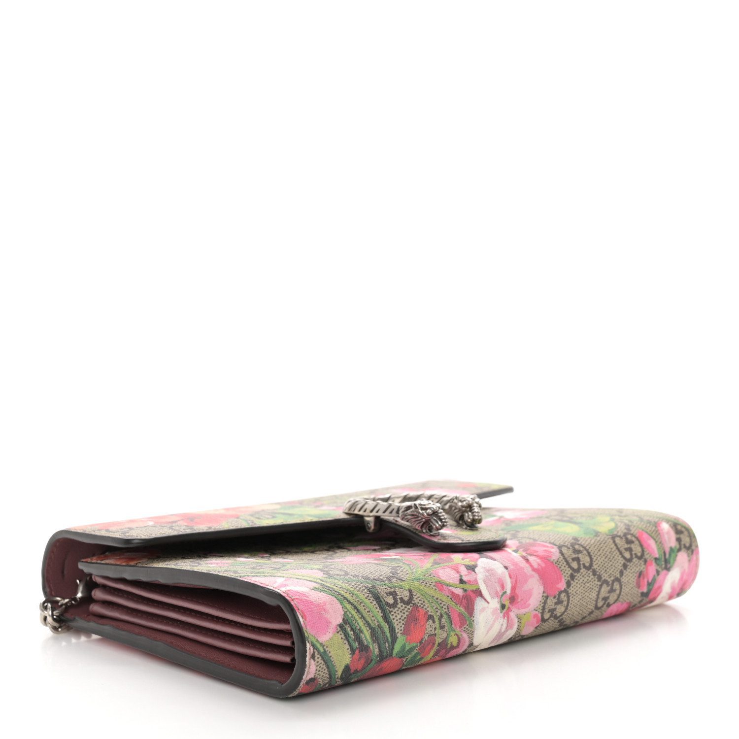 Bottom view of the beige GG Supreme Blooms Mini Dionysus Chain Wallet with multicolor floral overlay