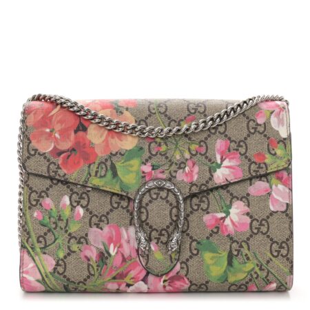 Front view of the beige GG Supreme Blooms Mini Dionysus Chain Wallet with multicolor floral overlay