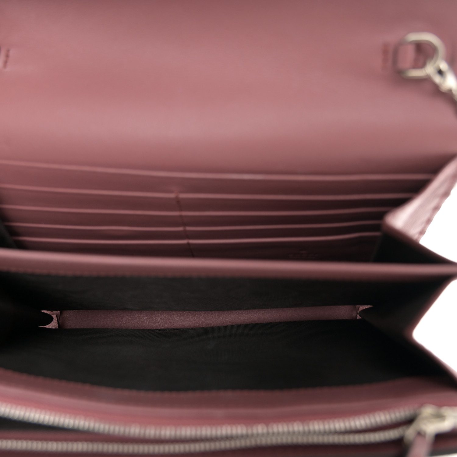 Interior view of the beige GG Supreme Blooms Mini Dionysus Chain Wallet with card slots and compartments