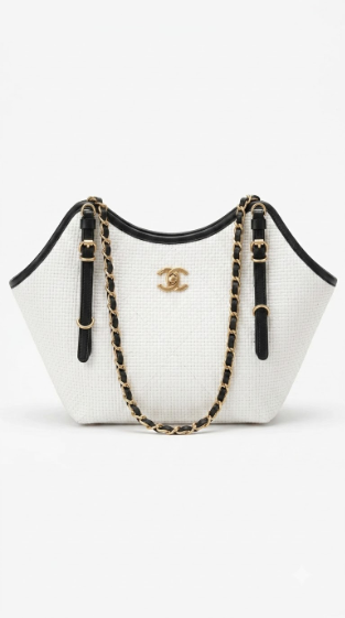Front view of the white raffia Ch@nel Small Shopping Bag with contrasting black trim and gold-tone hardware