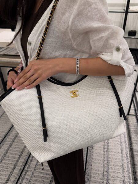 Ch@nel Small White Raffia Mirror Quality ShoppingBag