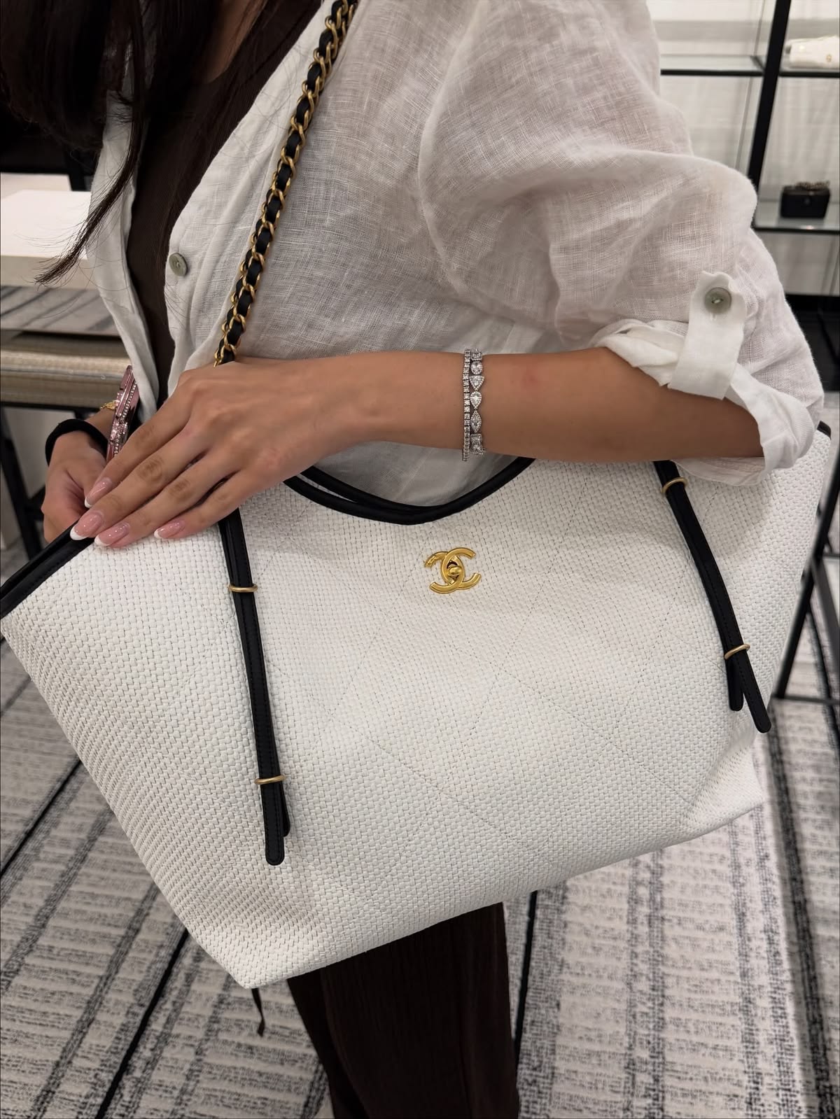Ch@nel Small White Raffia Mirror Quality ShoppingBag