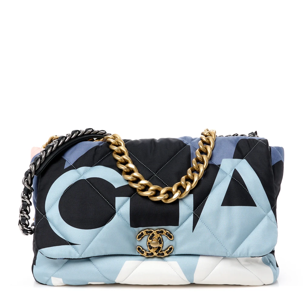 Front view of the Ch@nel Maxi Scarf Flap Bag in black, blue, and white patterned silk with chain strap
