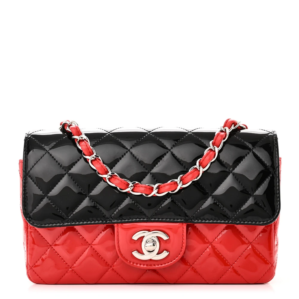 Front view of the red and black Ch@nel Mini Rectangular Flap with silver-tone chain and CC turn-lock