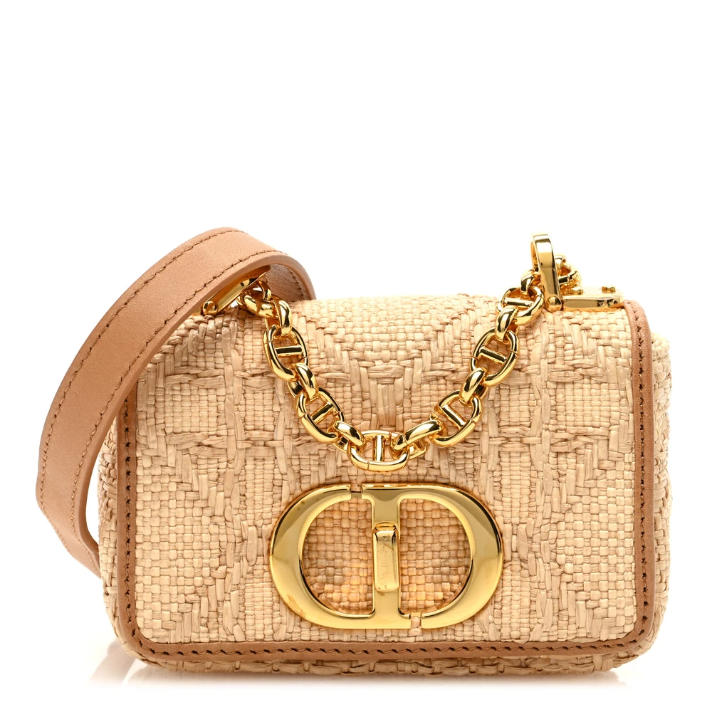 Front view of the natural raffia D!0r Micro Caro Bag featuring the Macro Cannage motif