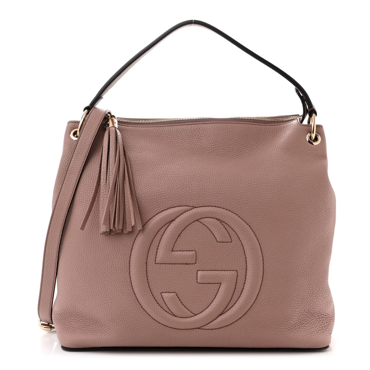 Front view of the Camelia beige Gucc! Soho Hobo with stitched GG logo