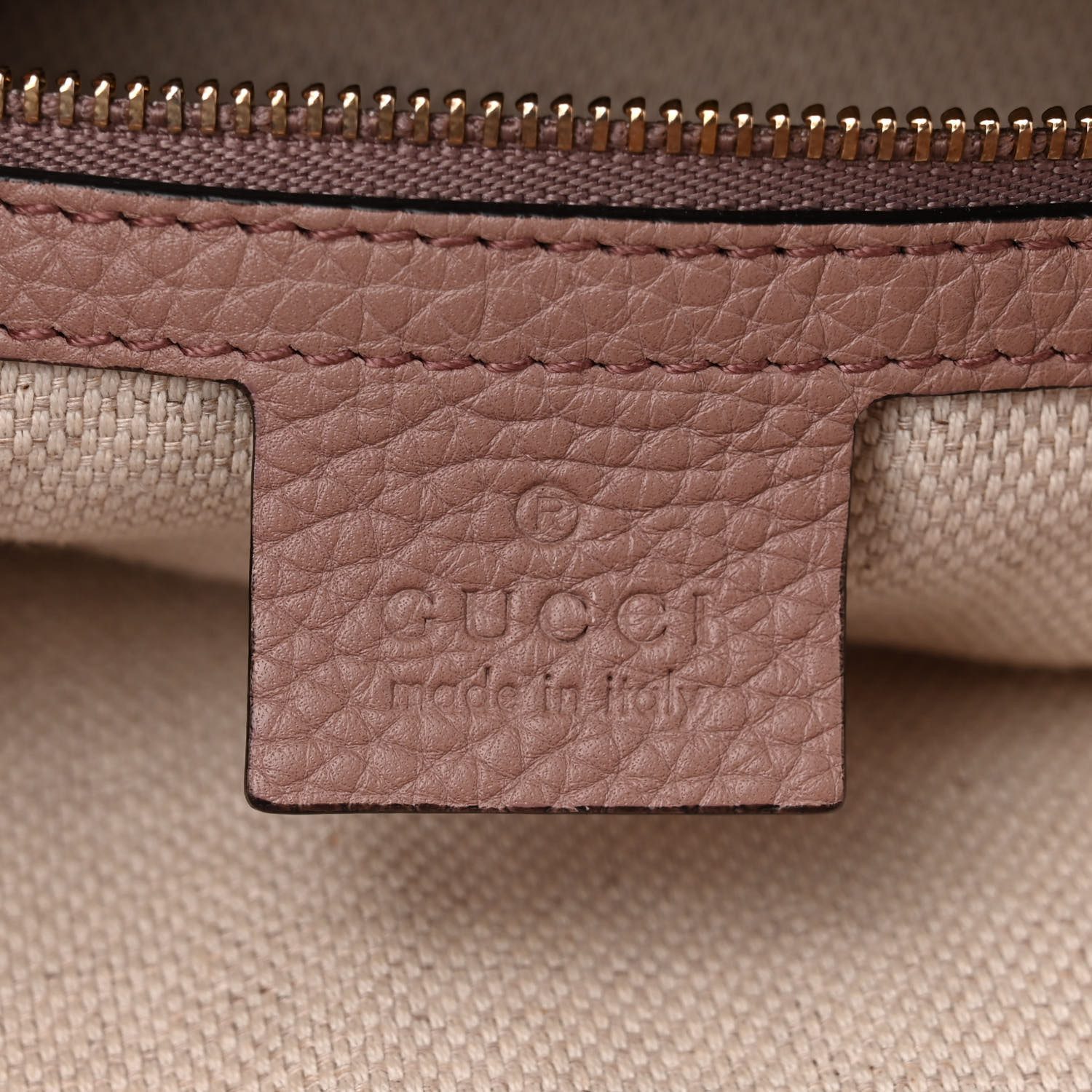 Close-up of the stitched GG logo and polished brass-tone hardware on the Camelia Soho Hobo