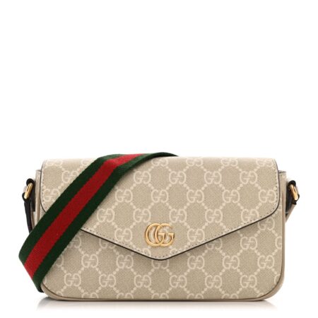 Front view of the beige GG Supreme Mini Ophidia Envelope Shoulder Bag with Web-inspired accent
