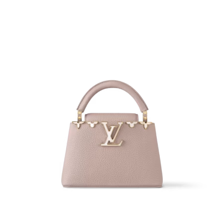 Front view of the Galet taupe Lou!S Vuiton Capucines Mini with floral top flap and gold-tone hardware